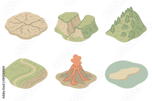Fantasy Map Icons. Isometric vector illustration set Fantasy map illustrator's topography symbols: storm-scarred wasteland pattern