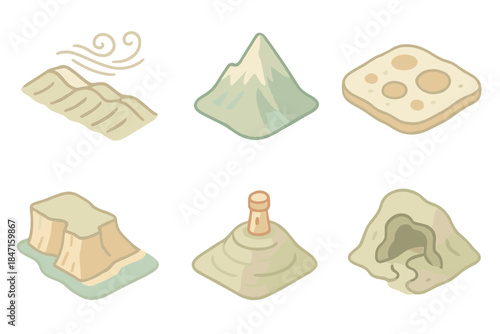 Fantasy Map Symbols. Isometric vector illustration set Fantasy map illustrator's topography symbols: ridgeline with wind pattern,