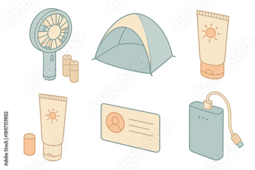 Beach Packing Essentials. Isometric vector illustration set Beach day essentials packing list: handheld fan with batteries,