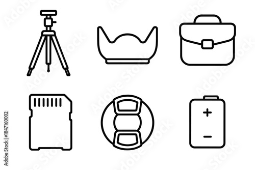 Camera Gear Icons. Line style icons of camera gear: tripod stand, lens hood, camera bag icon, SD memory card, lens cap, battery