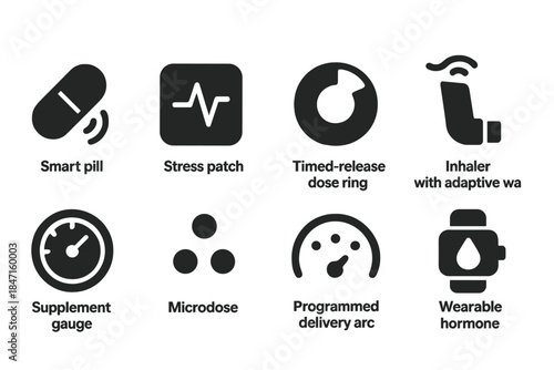 Hormetic Dose Icons. Solid style icons of hormetic dose delivery systems: smart pill icon, stress patch glyph, timed-release dose