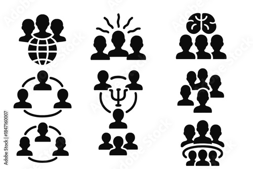 Telepathic Network Icons. Solid style icons of telepathic group networks: mind mesh grid, collective thought field, hive brain