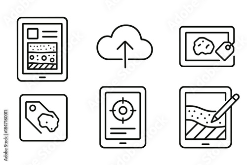 Student Digital Tool Icons. Line style icons of digital tools for students: field tablet with app, digital trench log, cloud