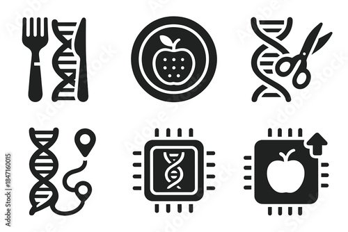 Gene-Editing Icons. Solid style icons of gene-editing and nutrition: CRISPR fork icon, modified nutrient ring, gene-scissors glyph