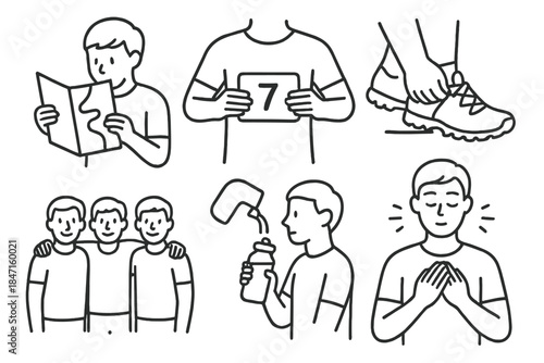 Pre-Race Preparation Icons. Line style icons of pre-race preparation: course map review, race bib pinning, lacing trail shoes,