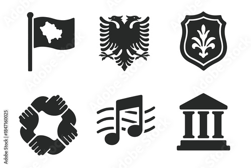 National Identity Icons. Solid style icons of national identity symbols: flag + map glyph, emblem icon, cultural crest badge.