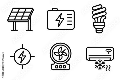 Energy System Icons. Line style icons of station energy systems: solar panel canopy, battery backup module, energy-efficient