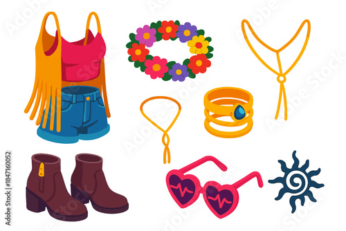 Festival Street Fashion. Isometric vector illustration set Street fashion – festival fringe vest, denim cutoffs, crop cami; flower