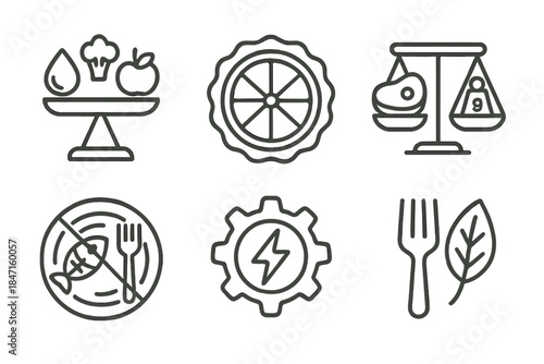 Nutritional Icon Set. Line style icons of nutritional focus: balanced nutrient icon, vitamin-rich badge, protein content scale,