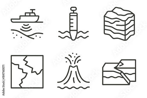 Marine Geology Icons. Line style icons of marine geology: seafloor mapping unit, sediment core sample, rock formation diagram,