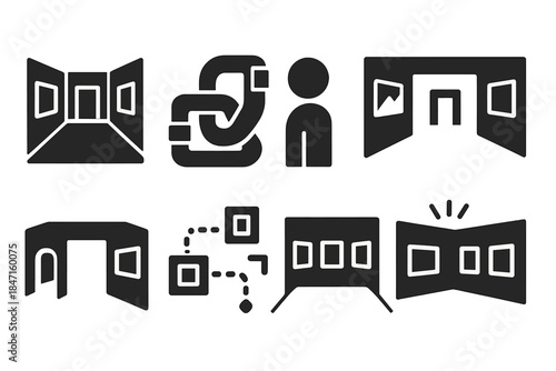 Innovative Gallery Layouts. Solid style icons of gallery layout concepts: looped art corridor, entangled path icon,