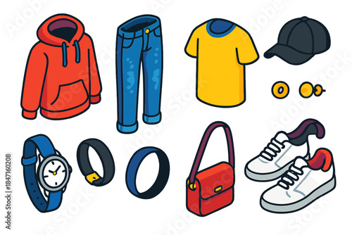 Streetwear Iconic Outfit. Isometric vector illustration set Street fashion – monochrome hoodie, stone-washed jeans, simple tee;