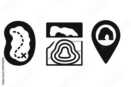 Glacier Cave Mapping Icons. Solid style icons of glacier cave mapping: top view glyph, elevation profile icon, marker badge. Path