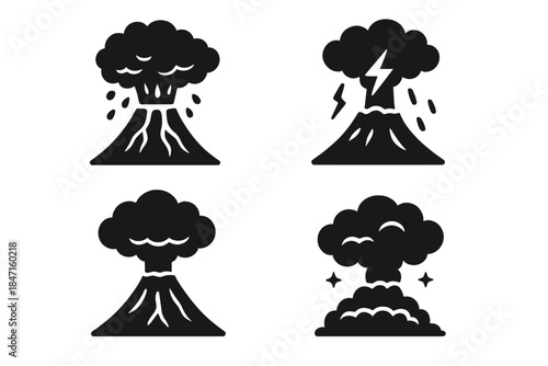 Volcanic Weather Icons. Solid style icons of volcanic weather: ash clouds, lava rain, pyroclastic storm icons. Heat column symbols