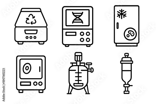 Biotech Equipment Icons. Line style icons of biotechnological equipment: centrifuge with plastic symbol, gene sequencer, lab