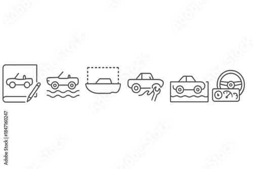 Amphibious Car Evolution. Line style icons of amphibious car construction stages: concept sketch icon, waterproof testing phase,