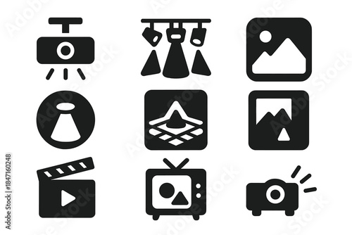 Light Projection Icons. Solid style icons of light-mapped projections: mapped ceiling glyph, light show icon, image badge. Beam