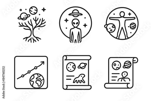 Astrobiological Iconography. Line style icons of philosophical and cultural themes in astrobiology: tree of life branching to