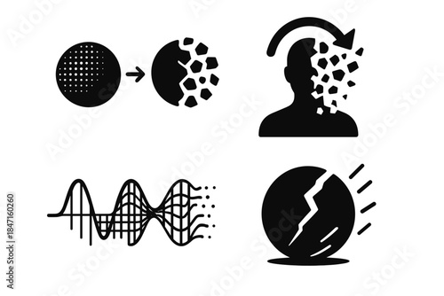 Decoherence Icon Transition. Solid style icons of decoherence transition: clear-to-chaotic form, blurring particle mesh, fading