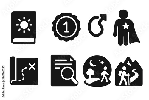 Symbolic Storytelling Icons. Solid style icons of symbolic storytelling: book with symbol glyph, chapter badge, narrative path