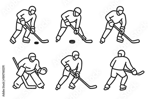 Hockey Position Icons. Line style icons of player positions: forward player finning, center over puck, defender low hold, goalie