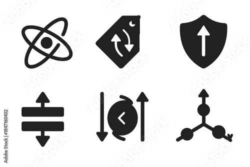 Molecular Spin Icons. Solid style icons of molecular spin states: electron orbit icon, up/down spin tag, magnetic direction badge.