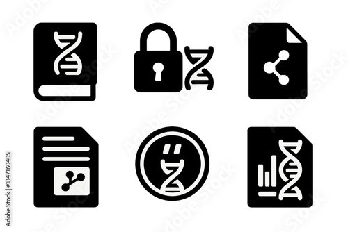 Genetic Data Icons. Solid style icons of academic publishing and DNA storage: journal with helix page, open-source genetic data,