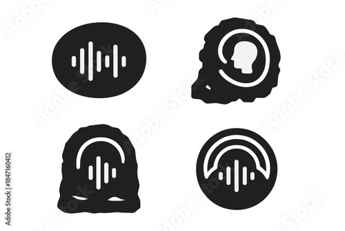 Acoustic Memory Icons. Solid style icons of acoustic memory: soundprint stones, voice fossils, echo engravings. Resonance memories