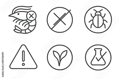 Allergy and Caution Icons. Line style icons of allergy and caution labels: shellfish allergy warning, cross-reaction alert,