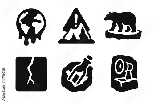 Environmental Story Icons. Solid style icons of environmental storytelling: melting planet engraving, climate ice mark, endangered