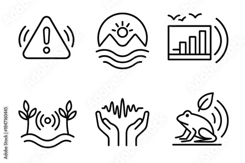 Acoustic Ecology Icons. Line style icons of acoustic ecology: sound pollution alert, healthy soundscape icon, bioacoustic index