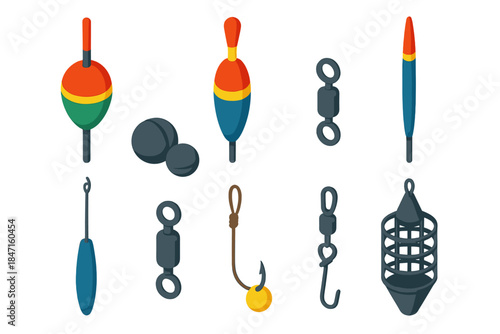 Fishing Gear Icons. Isometric vector illustration set Fishing equipment – bobber float, slip float, pencil float; split shot,