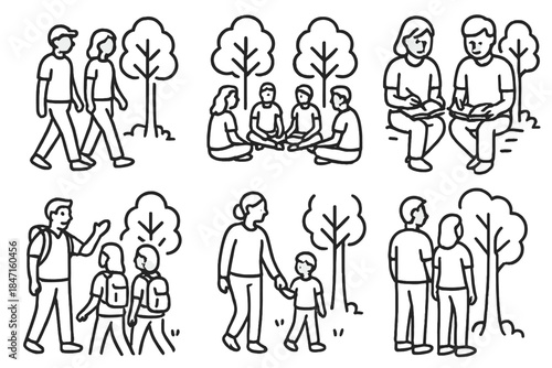 Forest Bathing Icons. Line style icons of forest bathing with companions: two people walking silently, group sitting in circle,