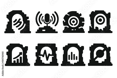 Sound Mapping Icons. Solid style icons of sound mapping inside ruins: echo wave glyph, mic scan icon, sonar badge. Reverb ring,
