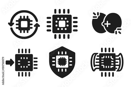 Quantum Teleportation Icons. Solid style icons of quantum teleportation for computing: quantum chip with teleport ring, multi-core