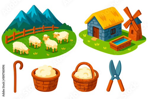Highland Sheep Pasture. Isometric vector illustration set Mountain landscapes – highland sheep pasture, wooden fence, grazing