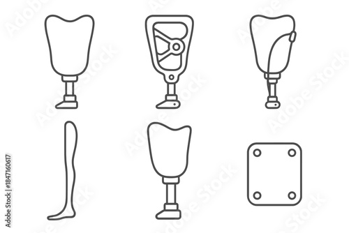 Minimalist Prosthetic Icons. Line style icons of transparent and minimalist prosthetics: clear socket shell, skeletal design view,