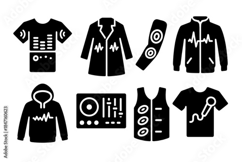 Sonic Wear Icons. Solid style icons of performance-oriented sonic wear: stage sound shirt, live echo coat, singer’s haptic sleeve.