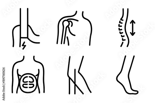 Aerial Silk Anatomy Icons. Line style icons of aerial silk anatomy support: wrist pressure symbol, shoulder joint sketch, spine