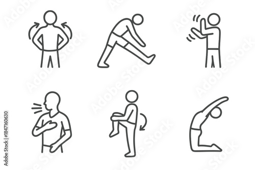 Diving Warm-up Icons. Line style icons of diving warm-up exercises: shoulder rotation icon, hamstring stretch, wrist flicks sketch