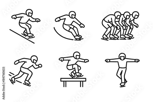 Ice Skating Icons. Line style icons of ice cross downhill: skater jumping over ramp, sharp turn on ice, group race start, downhill