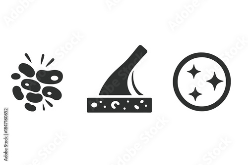 Biofilm Plasma Removal Icons. Solid style icons of biofilm removal with plasma: bacterial film icon breaking apart, plaque with