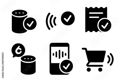 Voice Shopping Icons. Solid style icons of voice shopping confirmation: order confirmed voice icon, purchase wave checkmark, voice