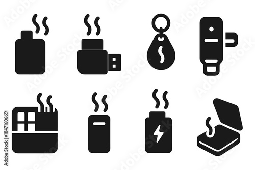 Portable Scent Devices. Solid style icons of portable digital scent devices: scent-on-the-go, mini USB diffuser, keychain aroma