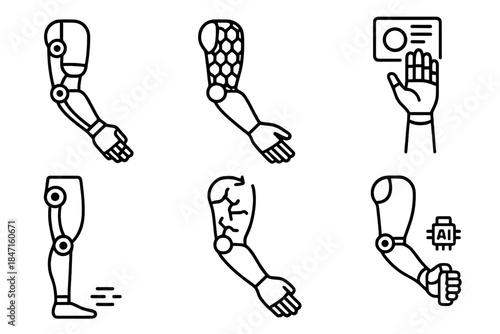 Futuristic Prosthetics Icons. Line style icons of futuristic prosthetics: transparent limb core, nano-skin surface, holographic