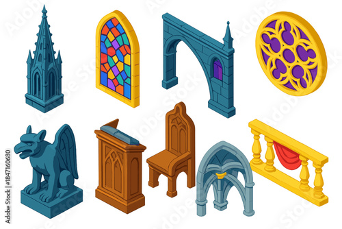 Gothic Architecture Icons. Isometric vector illustration set Cultural heritage – Gothic cathedral spire, stained glass window,