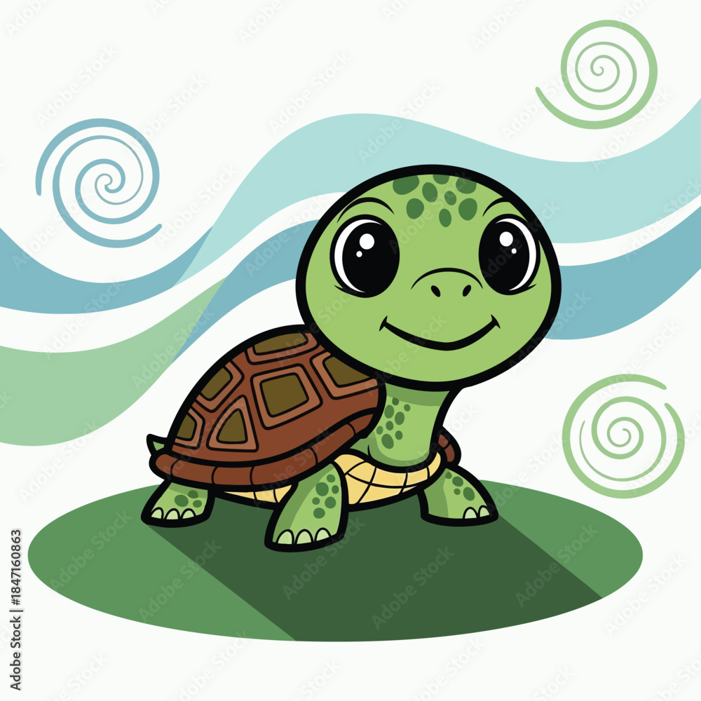 Obraz premium Happy cartoon turtle on green grass with blue swirls
