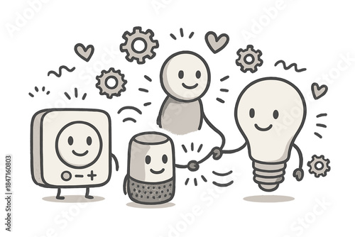 Friendly AI Collaboration. Delightful doodle of friendly AI assistants, thermostats, and bulbs helping each other connect,