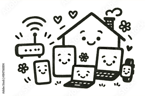 Happy Connected Devices. Playful doodle composition showing a family of happy smart devices getting connected, router spreading