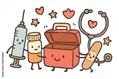 Cute Medical Collaboration. Charming doodle scene of cute medical tools and supplies building a friendly first aid kit together